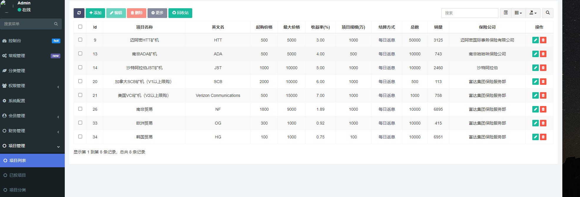 投资理财挖矿，产品任意。前端vue。后端tk        联系站长-7